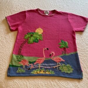 The Quacker Factory Flamingo Sweater Women's Large Pink Embroidered Beaded Beach